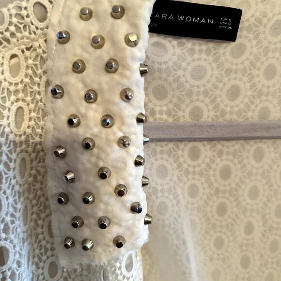 Zara Women Cream Lace Studded Collar open front long duster cardigan Size Small - Picture 2 of 7
